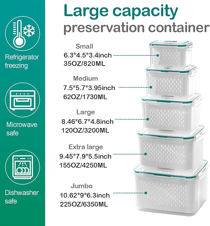 Upgraded Fresh Produce Vegetable Fruit Storage Containers，Large Fruit Containers for Fridge with Lid Vent Handle and Colander ，Keep Berry Fruit Vegetable Food Meat Fresh Longer (5)