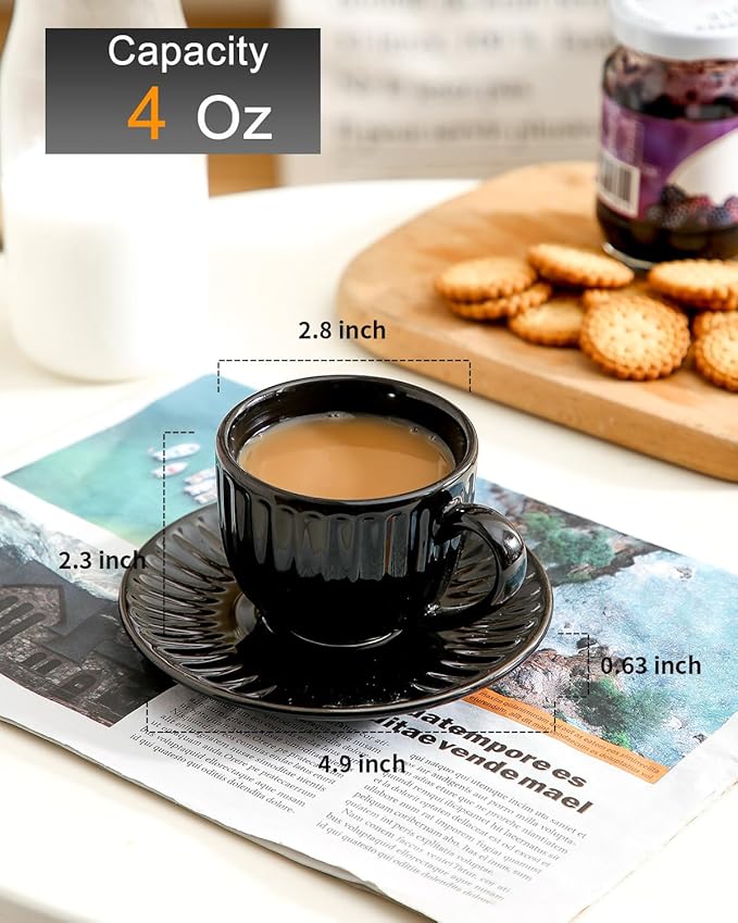 Hasense 4 Oz Espresso Cups with Saucers Set of 4, Ribbed Cappuccino Cups Ceramic for Coffee,Espresso,Double shot,Latte and Macchiato, Demitasse Cups Set Aesthetic Gift, Black