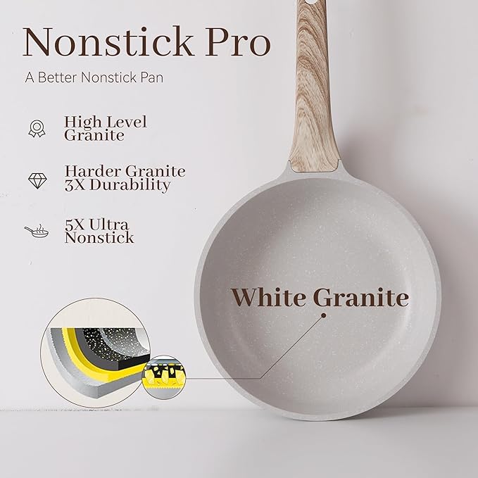 Pots and Pans Set Non Stick, 17Pcs Kitchen Cookware Sets, Granite Stone Induction Cookware Non Stick Cooking Set w/Frying Pans, Saucepans, Sauté Pan (PFOA Free), Cream White