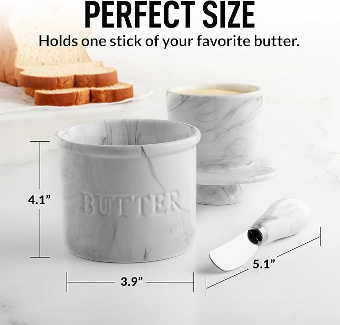 Zulay Kitchen Porcelain Butter Crock With Lid & Knife - Authentic French Butter Dish For Fresh & Spreadable Butter - Marble