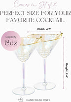 Sisterly Drinkware Iridescent Hammered Martini Glasses Set of 2 – Handmade Gold Rim Cocktail Glasses with 2 Gold-Plated Picks & 2 Coasters – 8 oz Elegant Barware for Martinis, Cocktails & Mocktails