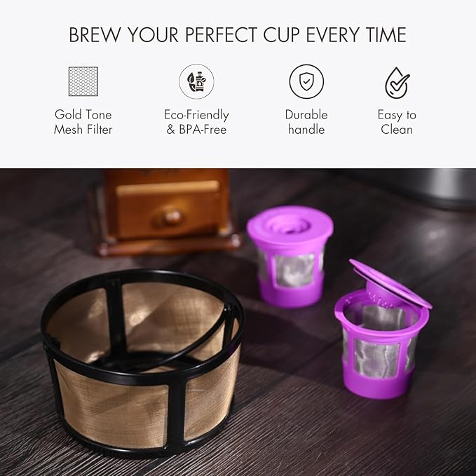 Reusable Mesh Ground Coffee Filter Carafe for Keurig K-Duo Essentials and K Duo Brewers Machine, With 2 Refillable K Cups Pod by PureHQ - Gold Tone Mesh Filter - Value Pack