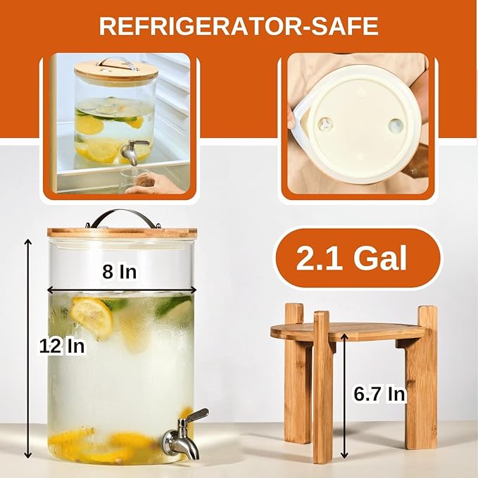 Glass Beverage Dispenser with Bamboo Stand and Lid, Iced 2.1 Gallon Drink Server with Spigot, Large Thick Glass Drink Dispenser for Parties, Hotels, Restaurants, Homes