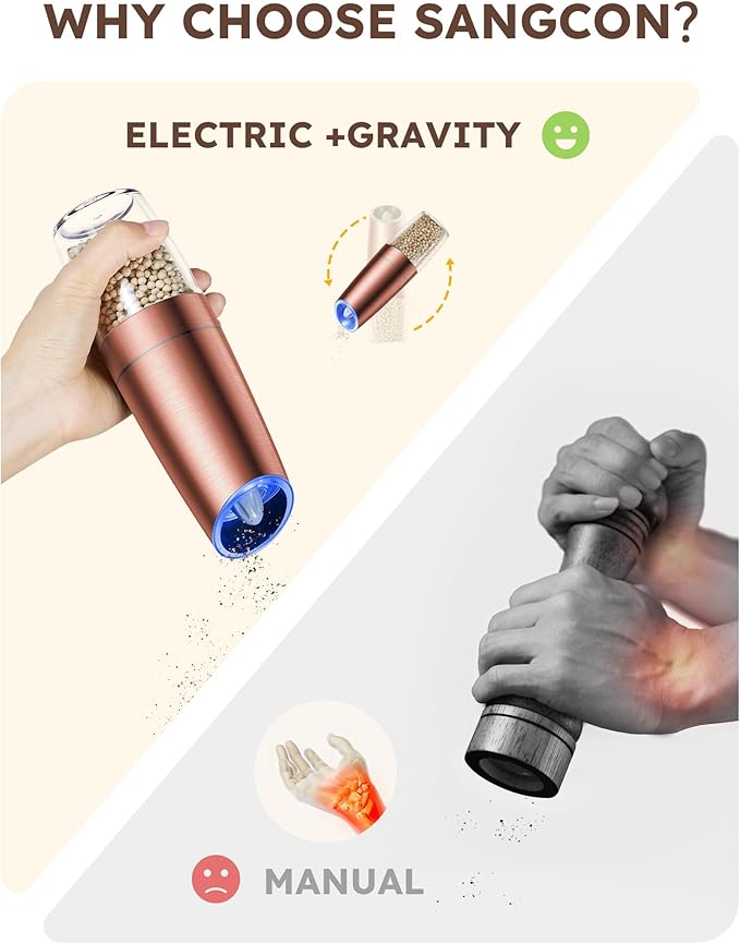 Sangcon Gravity Electric Pepper and Salt Grinder Set Automatic Shakers Mill Grinder with LED Light, Battery Powered Adjustable Coarseness One Hand Operation, Upgraded Larger Capacity