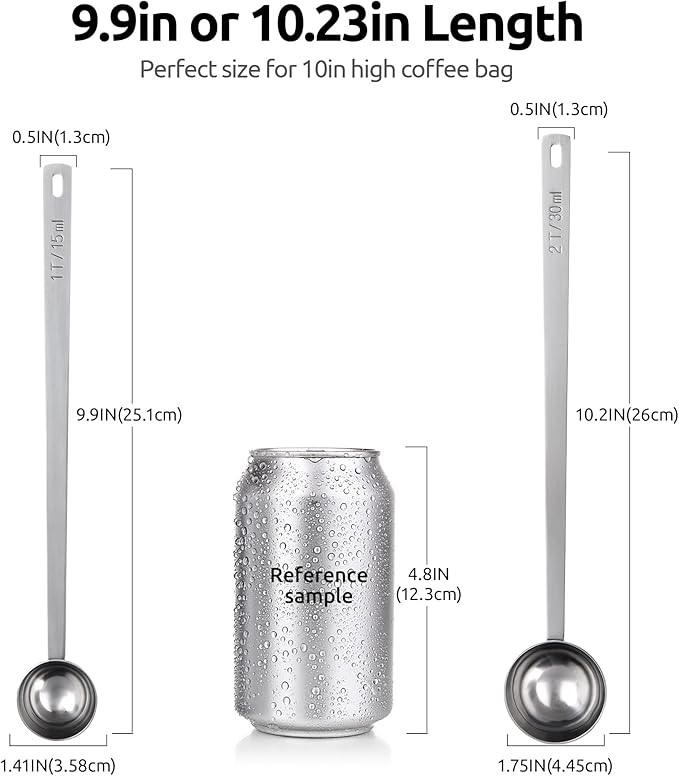 U-Taste Coffee Scoop 1&2 Tablespoon: 18/8 Stainless Steel Measuring Scooper for Ground Coffee, Bean, Powder, Espresso, 8.5in Long Handle Metal Meaure Spoon for Canister, Jar (1&2Tbsp/15&30ml, Silver)