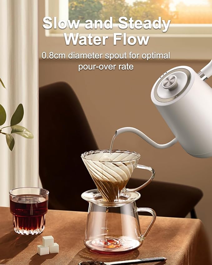 Gooseneck Electric Tea Kettle Pour-Over Kettle for Coffee, with 5 Variable Presets, 100% Stainless Steel Inner, with Keep Warm and Mute Function 0.8L, 1000W Quick Heating, Matte white