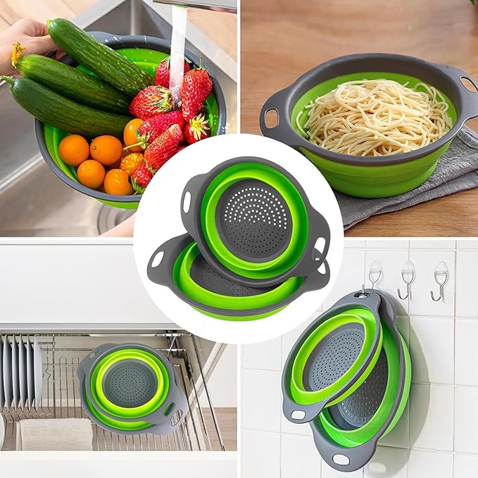 Collapsible Colander Set of 3 Round Silicone Kitchen Strainer Set 1 pcs 7 Quart, 1 pcs 4 Quart,1 pcs 2 Quart Perfect for Draining Pasta, Vegetable and fruit for Kitchen and Travel Use (Round)