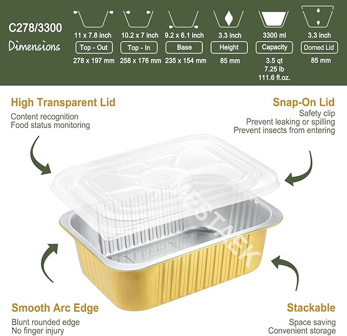 11"x8" Sturdy Foil Pans + Snap-On Lids (20 Packs) | 2X Thicker Heavy Duty Reusable Foil Tin 112oz | Grill Oven Microwavable Pan, | 3.3" Deep Disposable Aluminum Foil Pan for Baking, Cooking