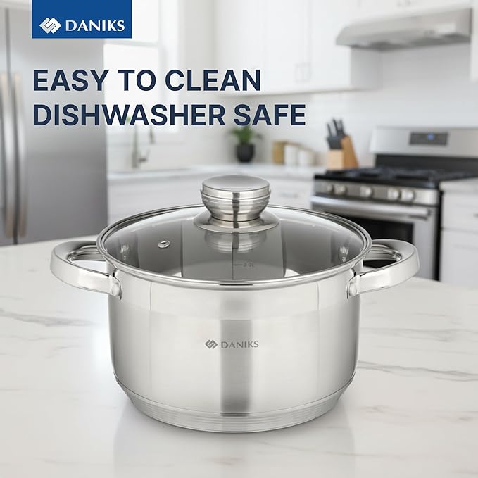 Daniks Standard Stainless Steel Stock Pot with Glass Lid – Induction 4 Quart, Dishwasher Safe, Measuring Scale, For Soup, Pasta, Stew, Silver