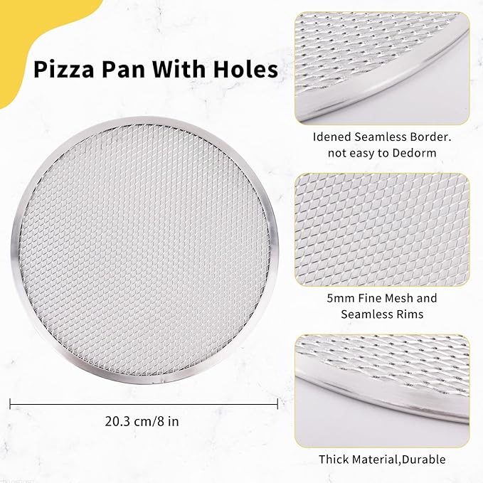 8 Pcs 8 Inch Pizza Pan with Holes Aluminum Mesh Pizza Screen Seamless Round Mesh Pizza Tray for Oven Nonstick Baking Pizza Sheet for Home Kitchen Bakery Restaurant BBQ Party Cookware Supplies