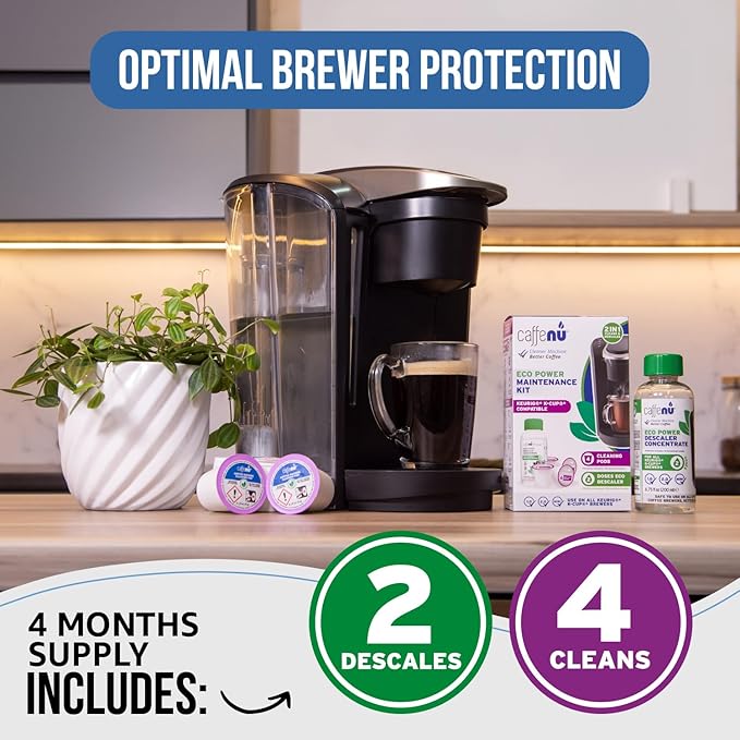 Keurig Compatible Descaling Solution and Keurig Cleaner Pods. Removes Limescale & Cleans Pod Area. Better Tasting & Hotter Coffee. 4 Uses of Descaler & Cleaner.