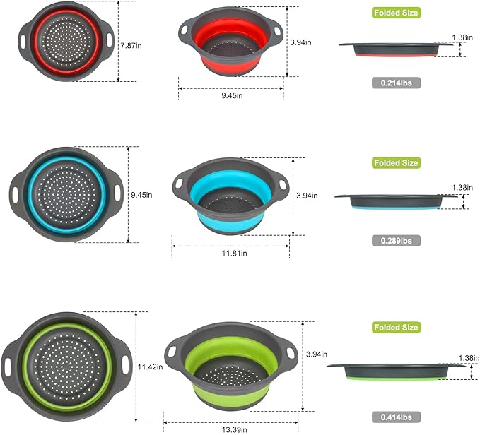 Collapsible Silicone Colander Set 3-Piece - Space-Saving Kitchen Strainer for Pasta & Spaghetti, Fruit & Veggies, Dishwasher Safe, Multi-Color Sizes for Camping, RV & Small Kitchens