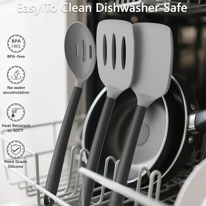 Coukre Silicone Kitchen Cooking Utensils Set with Holder – Heat-Resistant, Food-Grade Kitchen Tools, Spatula, Spoon & Gadgets for Non-Stick Pans, Dishwasher Safe (14, Gray)