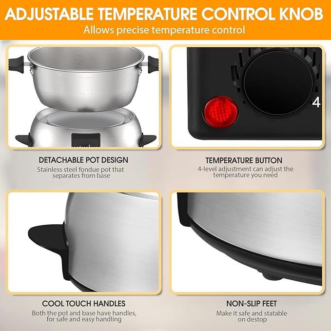 Electric Fondue Pot Set,2-Quart 1000-Watt Stainless Steel Fondue Maker with Temperature Control,8 Forks,Perfect for Chocolate, Cheese, Caramel