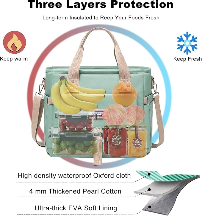 Weitars Insulated Lunch Bag for Men Women,Leak Proof Lunch Box for Work,Large Lunch Tote Bag With Removable Shoulder Strap with Side Pockets,Reusable Lunch Cooler Bag For Picnic Hiking
