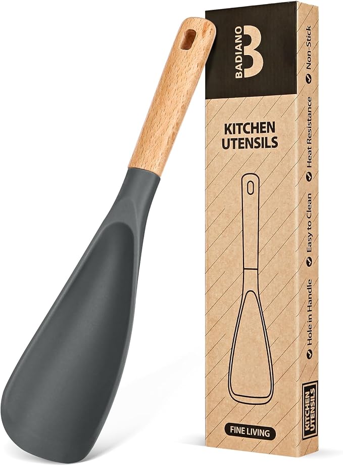 Cooking Spoon for Nonstick Cookwares, Great for Cooking and Serving Sturdy BPA-Free Matte Silicone, Wood Handle Spoon for Mixing, Scoop, and Scrape (GREY)