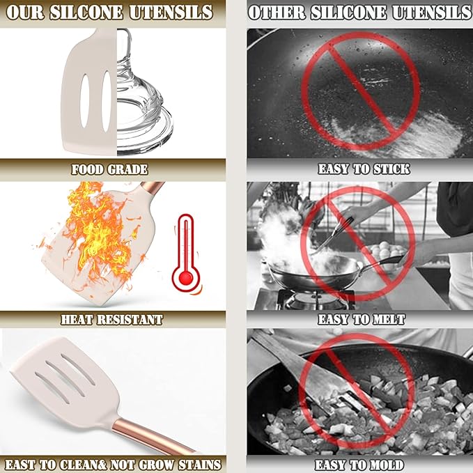 Umite Chef Silicone Kitchen Cooking Utensil Set, 43 pcs Spatula Utensils Set with Rose Gold Stainless Steel Handle, Non-stick Heat Resistant - Best Cookware Set-(Khaki)