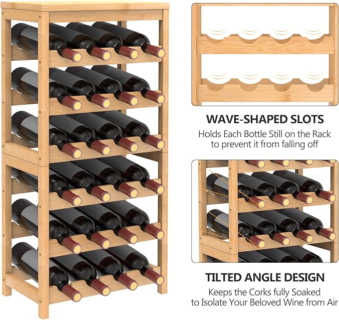 6 Tier Wine Rack Freestanding Floor, 24-Bottle Bamboo Wine Storage Shelf Display Rack with Table Top for Kitchen Bar Cellar