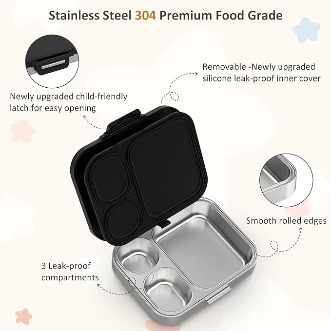 Stainless Steel Bento Box Kids, Leak Proof Metal Bento Lunch Box,3 Compartments 304 Stainless Steel Bento Lunch Containers for School and Office,Dishwasher Safe, BPA-Free(Black)