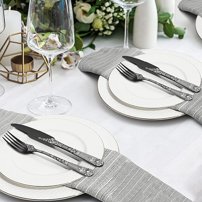 EUIRIO 48-Piece Silverware Set with Steak Knives, Black Flatware Set for 8, Stainless Steel Cutlery Set, Knives and Forks and Spoons Sets,Unique Pattern Design,Mirror Polish and Dishwasher Safe