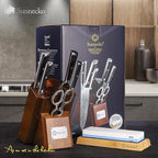 Sunnecko Damascus Kitchen Knife Set - Sharp Kitchen Knife Set of 7pcs with Japanese Damascus Steel VG10 - Professional Kitchen Knife Block Set with Full-tang Stainless Steel Handle
