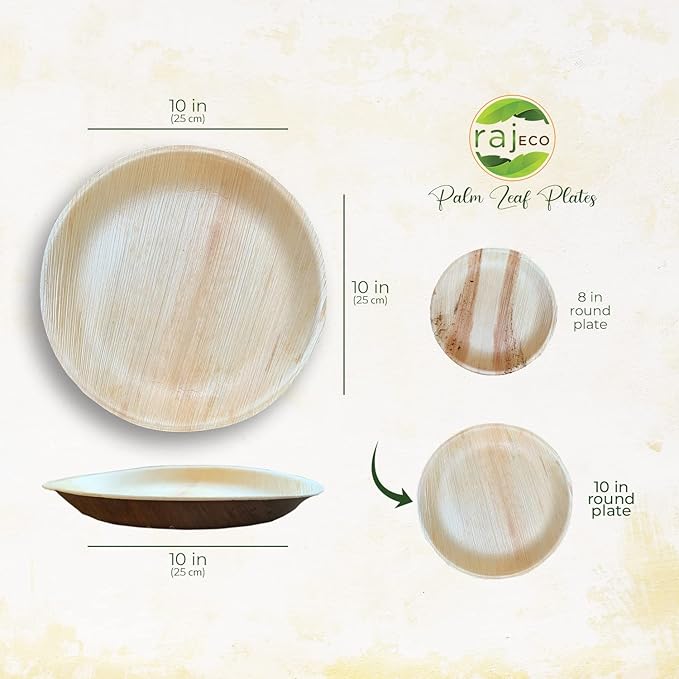 Raj Palm Leaf Plates [50-Pack] 10" Round Plates like Bamboo plates Disposable, Strong, Decorative Compostable Tableware for wedding, Lunch, Dinner, Birthday, Camping, Outdoor BBQ, Picnic…