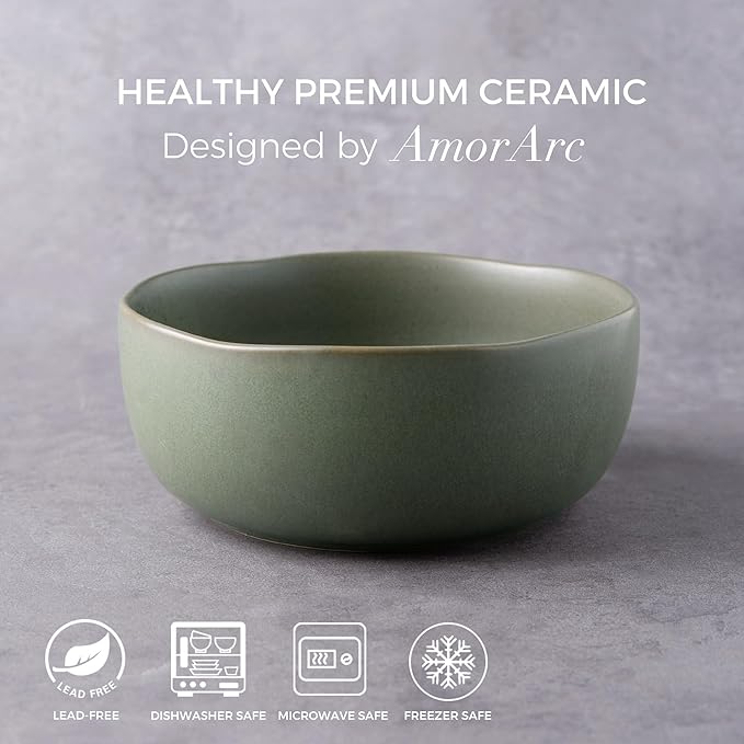 AmorArc Stoneware Cereal Bowls for Kitchen, 28oz Large Ceramic Soup Bowls Set of 4 for Meal,Snacks,Soup, Oven, Microwave&Dishwasher safe Kitchen Bowls with Wavy Rim, Reactive Glaze Matte
