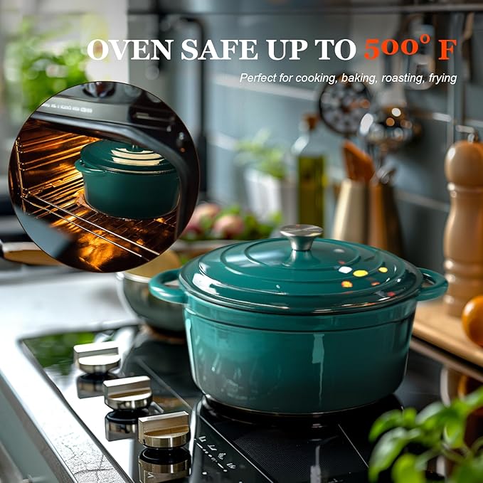 Overmont Enameled Cast Iron Dutch Oven - 4.5QT Pot with Lid Cookbook & Cotton Potholders - Heavy-Duty Cookware for Braising, Stews, Roasting, Bread Baking bottle green