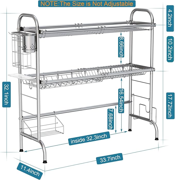 HOWDIA Stainless Steel 2-Tier Over The Sink Dish Drying Rack with Utensil Holder, Large, for Kitchen Counter