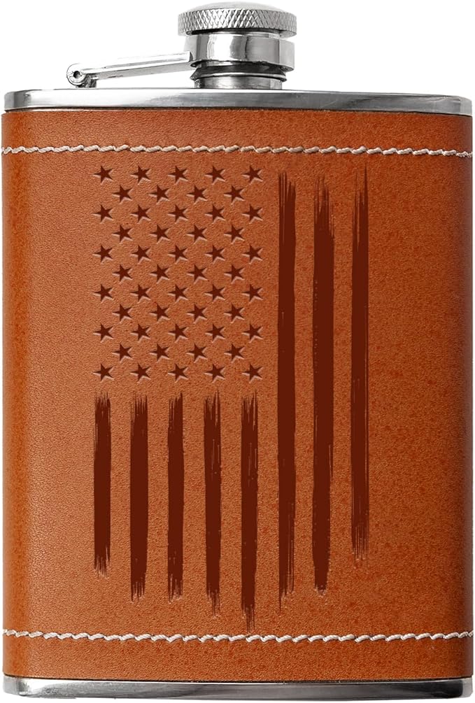 Leather Wrapped 8 oz American Flag Flask | Stainless Steel USA Hip Flask – Tobacco Brown, American Flag Gifts | Disabled USMC Vet Owned SMALL Business