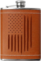 Leather Wrapped 8 oz American Flag Flask | Stainless Steel USA Hip Flask – Tobacco Brown, American Flag Gifts | Disabled USMC Vet Owned SMALL Business