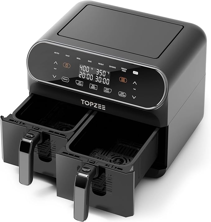 8 QT Large Air Fryer, Dual Basket Airfryer with Easy View Windows, Preheat, Air Fry, Roast, Broil, Bake, Dehydrate, 2 Independent 4 QT Nonstick Dishwasher Safe Baskets, w/Gray Border