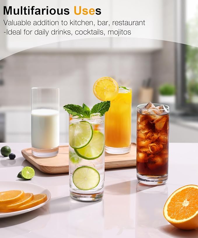 LUNA & MANTHA Highball Glasses Set of 6, 13 OZ Drinking Glasses, Lead-Free Crystal Water Glass, Tall Glass Cups for Cocktail, Tom Collins, Mojito, Mixed Drink, Kitchen and Bar Glassware