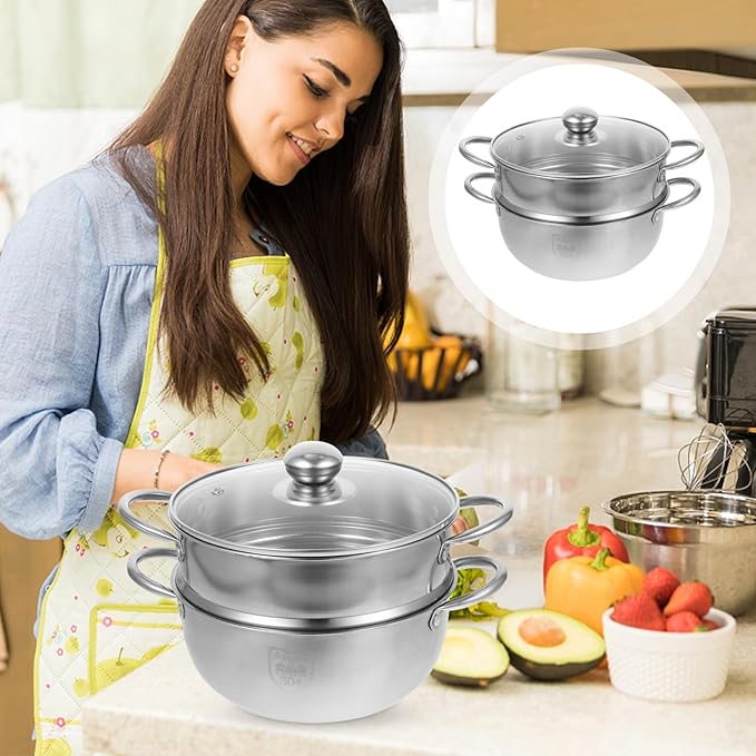 2-Tier Stainless Steel Steamer Pot, 10'' Steamer Pot with Lid and Handle, Multipurpose Stove Top Cookware for Vegetable, Dumpling, Soup, Dim Sum