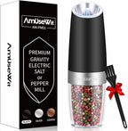 AmuseWit Electric Gravity Pepper Mill or Salt Grinder Mill [White Light] - Battery Operated Automatic Pepper Grinder with Light, Adjustable Coarseness, One Handed Operation, Cleaning Brush, Black