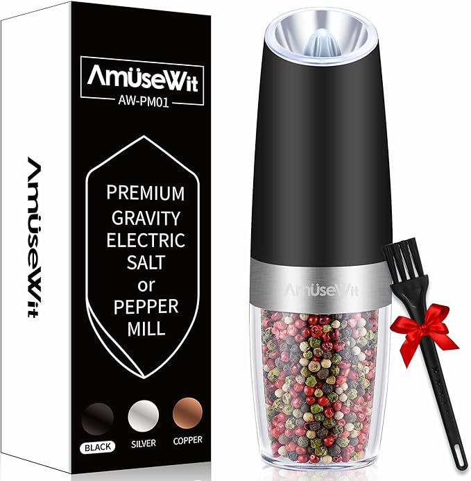 AmuseWit Electric Gravity Pepper Mill or Salt Grinder Mill [White Light] - Battery Operated Automatic Pepper Grinder with Light, Adjustable Coarseness, One Handed Operation, Cleaning Brush, Black