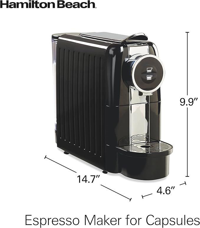 Hamilton Beach Espresso Machine, Compatible with Nespresso Pods, Single Serve Coffee Maker, Powerful Italian 19 Bar Pump, 22 oz. Water Reservoir, Custom Cup Size, Holds 13 Capsules, Black (40726)