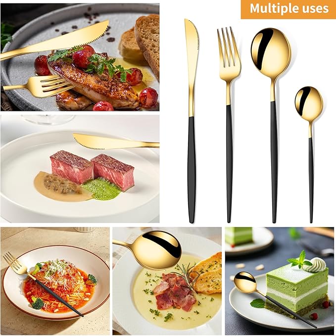 24 PCS Gold Silverware Set, Food-Grade Stainless Steel Flatware Set for 6, Cutlery Set Tableware with Black Handle, Steak Knives Forks and Spoons, Utensil Sets for Home Restaurant Hotel