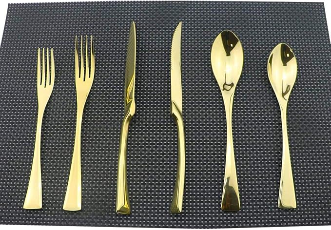 Flatware Set 18/10 Stainless Steel Mirror Polished Golden Cutlery Set - Silverware Utensil Set of Steak Knife Dinner Fork Knife Spoon Salad Fork Dessert Spoon,6 Piece Service for 1