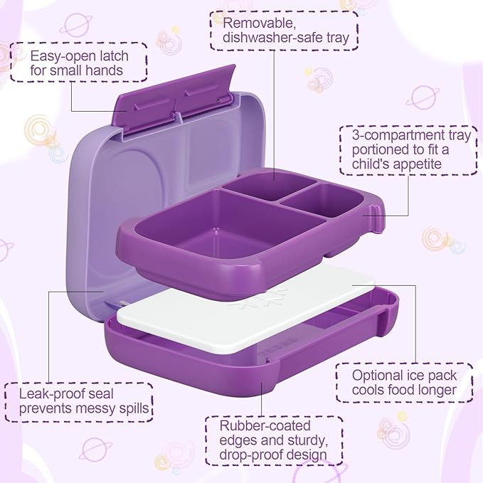 Bento Box for Kids,Kids Bento Lunch Box with Built-in Ice Pack for School,3 Compartments Leak Proof Lunch Container with Utensils for Girl Boy;BPA Free,Microwave & Dishwasher Safe, 44oz(Purple)