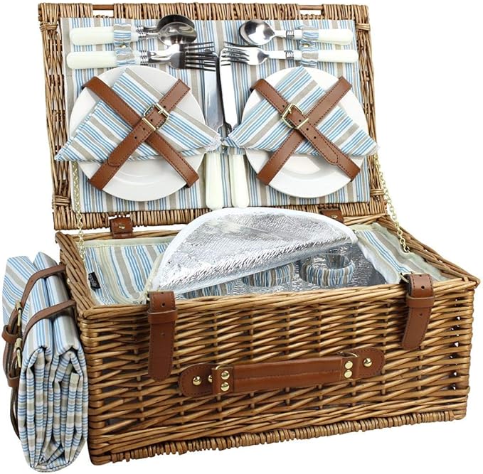 HappyPicnic Wicker Picnic Basket Set for 4 Persons | Large Willow Hamper with Large Insulated Cooler Compartment, Waterproof Blanket and Cutlery Service Kit-Classical Brown