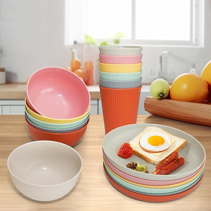 36 pcs Wheat Straw Dinnerware Sets DAPIPIK Unbreakable Reusable Dinnerware Set ，Lightweight Camping Plates Cups and Bowls Set. Dishwasher Microwave Safe Dinnerware