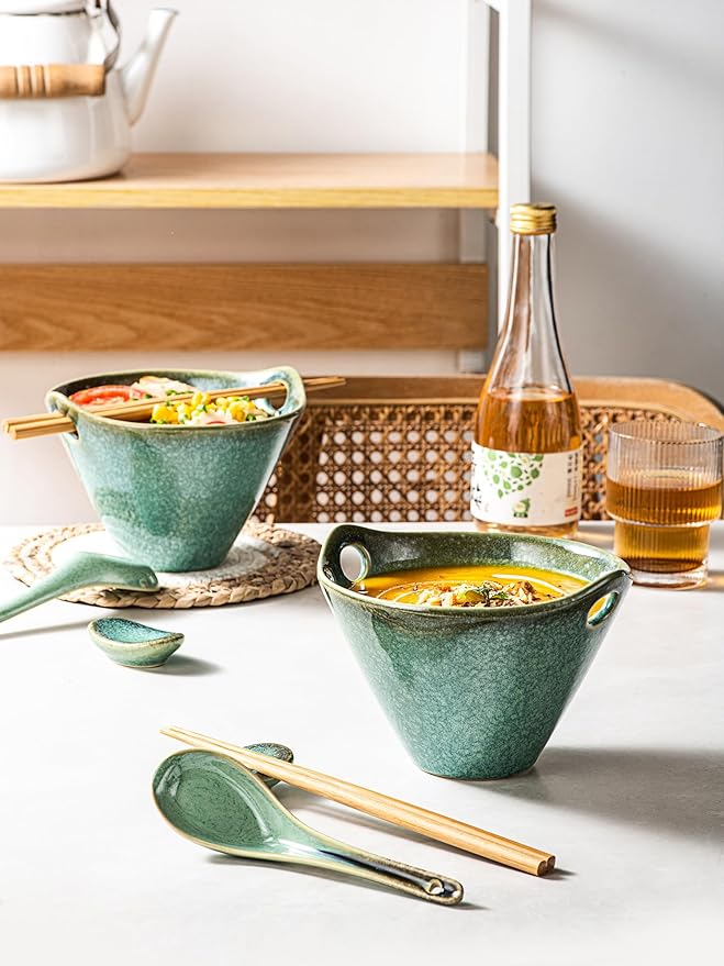 HENXFEN LEAD Japanese Ramen Bowls Set of 2 - Deep Ceramic Soup Bowls with Spoons, Chopsticks and Holder, 20 Oz Serving Dishes for Pho, Udon Noodle, Cereal
