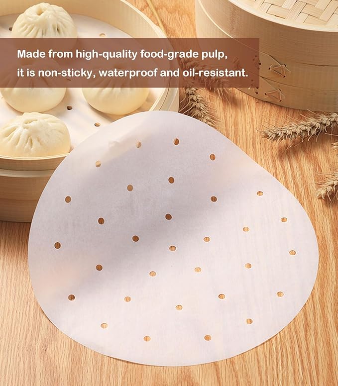 100 PCS Bamboo Steamer Liner, 11 Inch Round Air Fryer Parchment Paper with Holes, White Non-Stick Steamer Paper Sheet