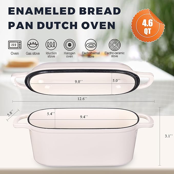 4.6 Quart Dutch Oven for Sourdough Bread Baking, Combo Oval Enameled Cast Iron Bread Pan with Lid, Bread Dutch Oven for a Crispy Crust, White