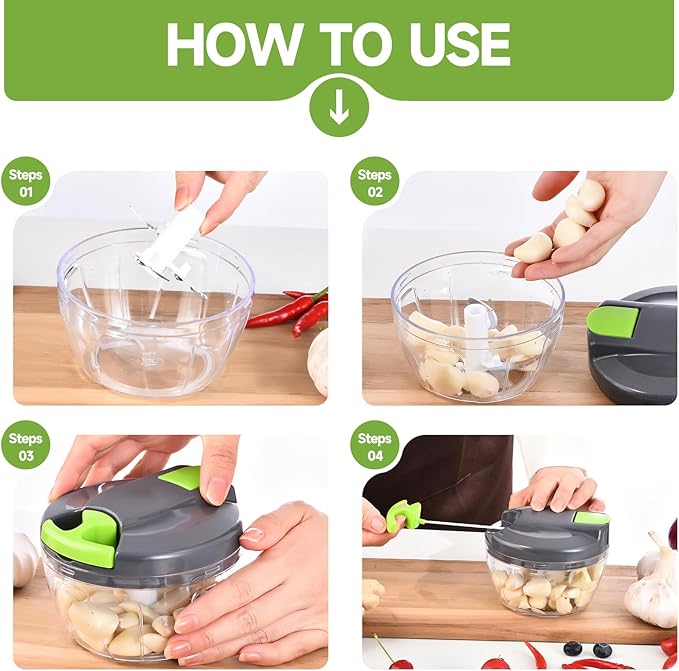 Manual Food Processor Vegetable Chopper, Portable Hand Pull String Garlic Mincer Onion Cutter for Veggies, Ginger, Fruits, Nuts, Herbs, etc., 500ml,（Gray-green）