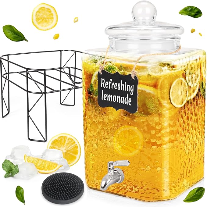 4.6 Gallon Glass Beverage Dispenser with Stand Beverage Dispensers with Ice Cylinder Steel Spigot Hanging Chalkboard Signs Drip Trays Drink Juice Dispenser with Lids for Party Wedding Kitchen