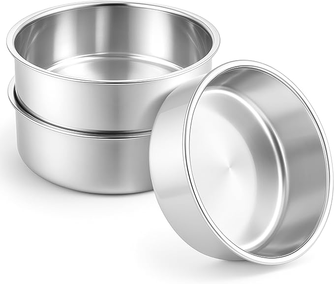 Leonyo 8Inch Round Cake Pans Set of 3, Stainless Steel Circle Layer Cake Baking Pans Set, Metal Round Baking Tins for Wedding Party, Dishwasher Oven Safe