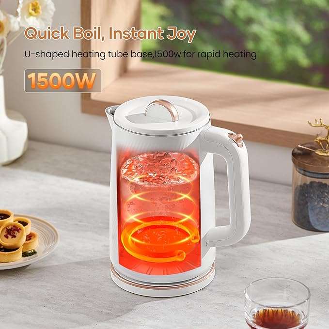 OLEGA Electric Kettle - 1500W Electric Tea Kettle 1.8L Stainless Steel Inner Electric Kettles for Boiling Water Auto Shut Off Boil-Dry Protection Electric Water Kettle for Coffee Tea White