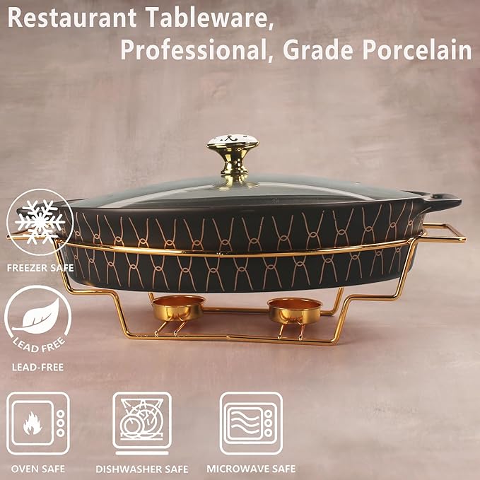 12" x 8" Ceramic Oval Casserole Dish with Glass Lid and rack, 1.7 Quart Serving Soup Tureen,Chafing Dish for Buffet, Family Food preserve Tray, Catering Casserole for Party Style, Black